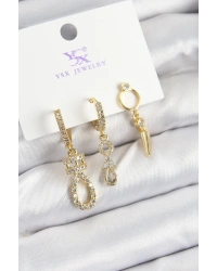 Pirinç Zİrkon Taşlı Sallantılı Model Gold Renk 3lü Kadın Küpe