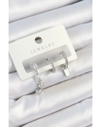 Pirinç Zirkon Taşlı Sallantılı Model Gümüş Renk 3lü Çift Kadın Küpe Set