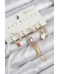 Pirinç Zirkon Taşlı Sallantılı Ve İncili Gold Renk 6lı Küpe Set