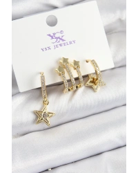 Pirinç Zİrkon Taşlı Sallantılı Yıldız Model Gold Renk 3lü Kadın Küpe