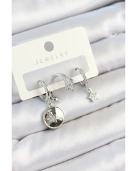 Pirinç Zirkon Taşlı Sallantılı Yıldız Model Gümüş Renk 3lü Çift Kadın Küpe Set