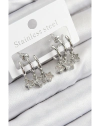 Pirinç Zirkon Taşlı Sallantılı Yıldız Model Gümüş Renk Kadın Küpe