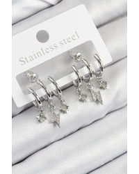 Pirinç Zirkon Taşlı Şimşek Model Gümüş Renk Kadın Küpe