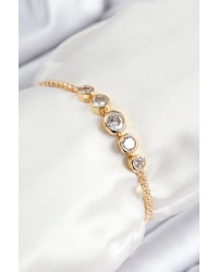 Pirinç Zirkon Taşlı Sıralı Daire Model Gold Renk Asansörlü Kadın Bileklik