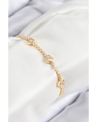 Pirinç Zirkon Taşlı Sıralı Kalp Model Gold Renk Kadın Bileklik