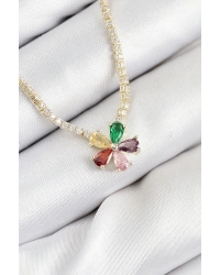 Pirinç Zirkon Taşlı Su Yolu Asorti Çiçek Model Gold Renk Kadın Kolye