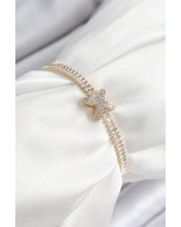 Pirinç Zirkon Taşlı X Detaylı Su Yolu Model Gold Renk Asansörlü Kadın Bileklik