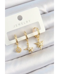 Pirinç Zirkon Taşlı Yıldız Model Gold Renk 3lü Çift Kadın Küpe Set