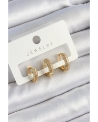 Pirinç Zirkon Taşlı Yıldız Model Gold Renk 3lü Çift Kadın Küpe Set