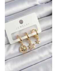 Pirinç Zirkon Taşlı Yıldız Model Gold Renk 3lü Çift Kadın Küpe Set