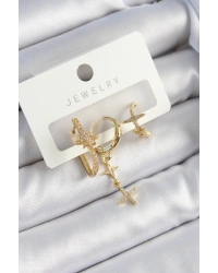 Pirinç Zirkon Taşlı Yıldız Model Gold Renk 3lü Çift Kadın Küpe Set