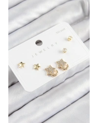 Pirinç Zirkon Taşlı Yıldız Model Gold Renk 925 Ayar Gümüş Çivi Kadın Küpe Set