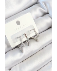 Pirinç Zirkon Taşlı Yıldız Model Gümüş Renk 3lü Çift Kadın Küpe Set