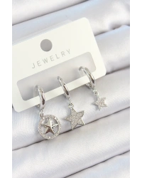 Pirinç Zirkon Taşlı Yıldız Model Gümüş Renk 3lü Çift Kadın Küpe Set