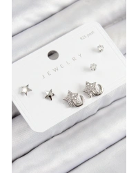 Pirinç Zirkon Taşlı Yıldız Model Gümüş Renk 925 Ayar Gümüş Çivi Kadın Küpe Set