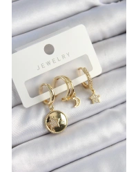Pirinç Zirkon Taşlı Yıldız Ve Ay Model Gold Renk 3lü Çift Kadın Küpe Set