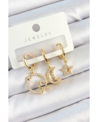 Pirinç Zirkon Taşlı Yıldız Ve Ay Model Gold Renk 3lü Kadın Küpe Set