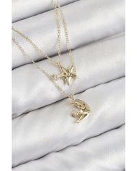 Pirinç Zirkon Taşlı Yıldız Ve Ay Model Gold Renk Kadın Kolye