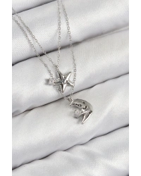 Pirinç Zirkon Taşlı Yıldız Ve Ay Model Gümüş Renk Kadın Kolye