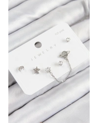 Pirinç Zirkon Taşlı Yıldız Ve Gezegen Model Gümüş Renk 925 Ayar Gümüş Çivi Kadın Küpe Set