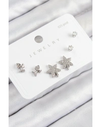 Pirinç Zirkon Taşlı Yıldız Ve Gül Model Gümüş Renk 925 Ayar Gümüş Çivi Kadın Küpe Set