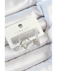 Pirinç Zirkon Taşlı Yıldız Ve Halka Model Gümüş Renk 3lü Çift Kadın Küpe Set