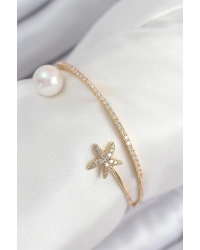 Pirinç Zirkon Taşlı Yıldız Ve İnci Model Gold Renk Kadın Bileklik