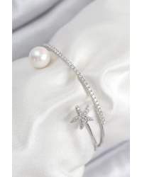 Pirinç Zirkon Taşlı Yıldız Ve İnci Model Gümüş Renk Kadın Bileklik