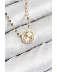 Pirinç Zirkon Taşlı Yonca Model Ezme Zincir Gold Renk Kadın Kolye