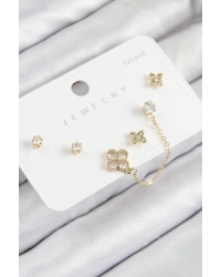 Pirinç Zirkon Taşlı Yonca Model Gold Renk 925 Ayar Gümüş Çivi Kadın Küpe Set