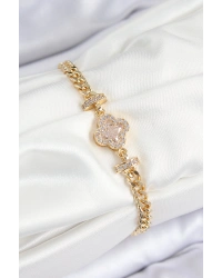 Pirinç Zirkon Taşlı Yonca Model Gold Renk Kadın Bileklik