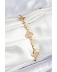 Pirinç Zirkon Taşlı Yonca Model Gold Renk Kadın Bileklik