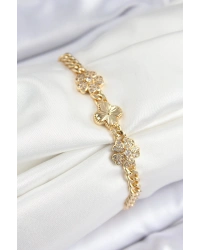 Pirinç Zirkon Taşlı Yonca Model Gold Renk Kadın Bileklik