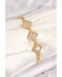 Pirinç Zirkon Taşlı Yonca Model Gold Renk Kadın Bileklik