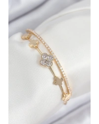 Pirinç Zirkon Taşlı Yonca Model Gold Renk Kadın Bileklik