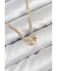 Pirinç Zirkon Taşlı Yonca Model Gold Renk Kadın Kolye