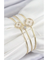 Pirinç Zirkon Taşlı Yonca Model Gold Renk Vip 3lü Kadın Bileklik