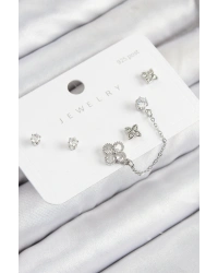 Pirinç Zirkon Taşlı Yonca Model Gümüş Renk 925 Ayar Gümüş Çivi Kadın Küpe Set