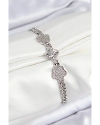 Pirinç Zirkon Taşlı Yonca Model Gümüş Renk Kadın Bileklik