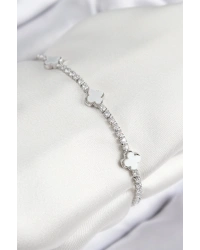 Pirinç Zirkon Taşlı Yonca Model Gümüş Renk Kadın Bileklik