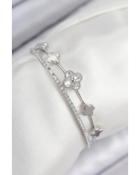 Pirinç Zirkon Taşlı Yonca Model Gümüş Renk Kadın Bileklik