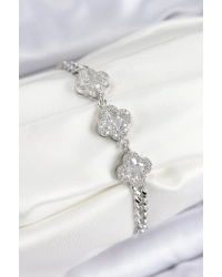 Pirinç Zirkon Taşlı Yonca Model Gümüş Renk Kadın Bileklik