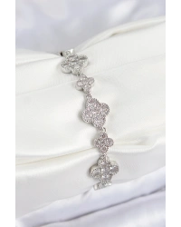 Pirinç Zirkon Taşlı Yonca Model Gümüş Renk VIP Seri Kadın Bileklik