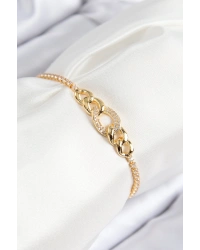 Pirinç Zirkon Taşlı Zincir Model Gold Renk Asansörlü Kadın Bileklik