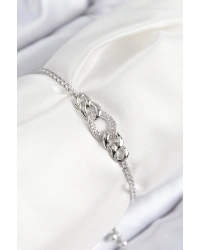 Pirinç Zirkon Taşlı Zincir Model Gümüş Renk Asansörlü Kadın Bileklik