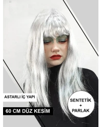 Platin Gri Gümüş Renk Uzun Parti Peruğu Uzun Takma Peruk