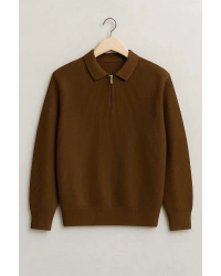 Polo Yaka Fermuarlı Çizgili Old Money Örme Birinci Kalite Yumuşak Uzun Kollu Erkek Kazak