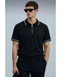 Polyemid Premium Kalite Erkek Kısa Kollu Yarım Fermuar Detaylı Triko Tişört Siyah