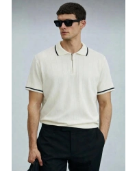 Polyemid Premium Kalite Erkek Kısa Kollu Yarım Fermuar Detaylı Triko Tişört Beyaz