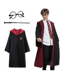 Pttr Gryffindor Kapişonlu Çocuk Kostüm + Asa + Gözlük Seti 9-10 Yaş